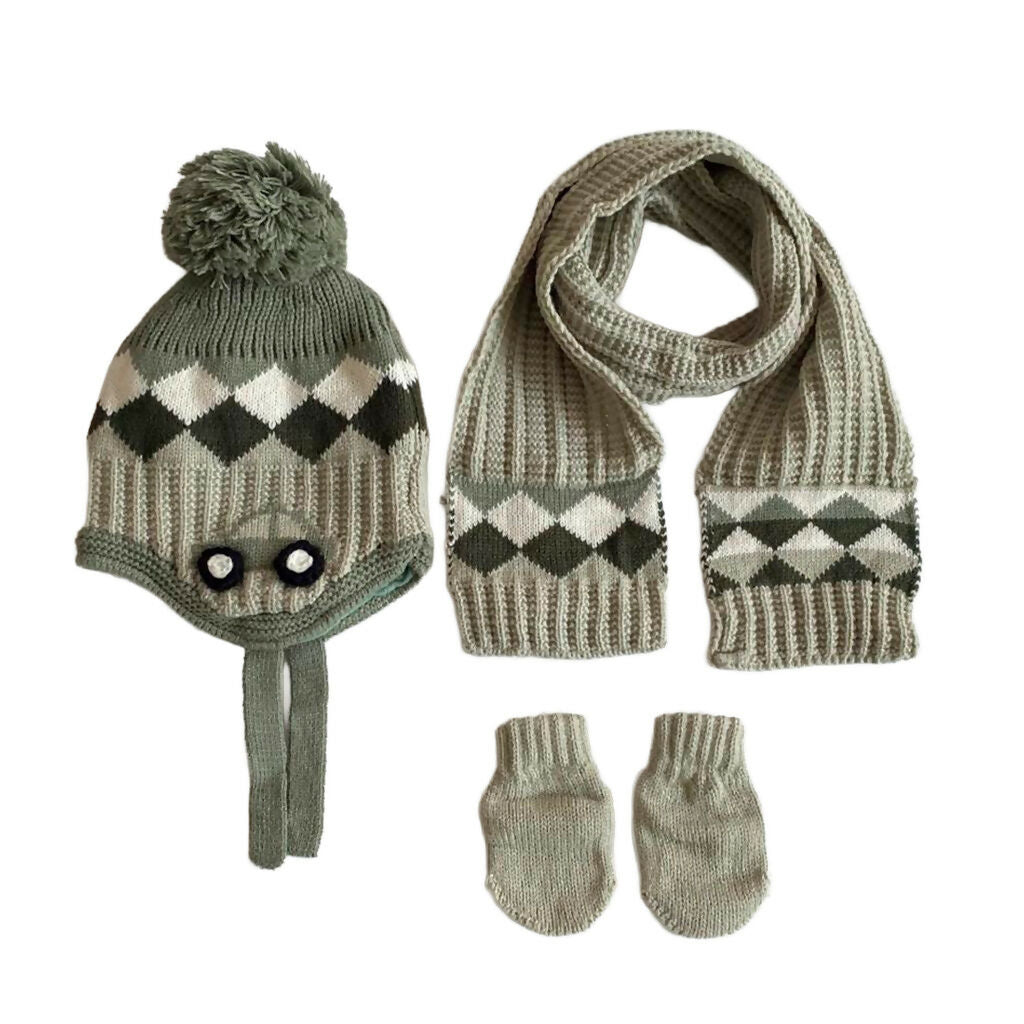 Infant KnittedWinter Beanie 3 Piece Set-Beanie-Gloves-Scarf With Earflaps For Baby Boys(0-18 Months)