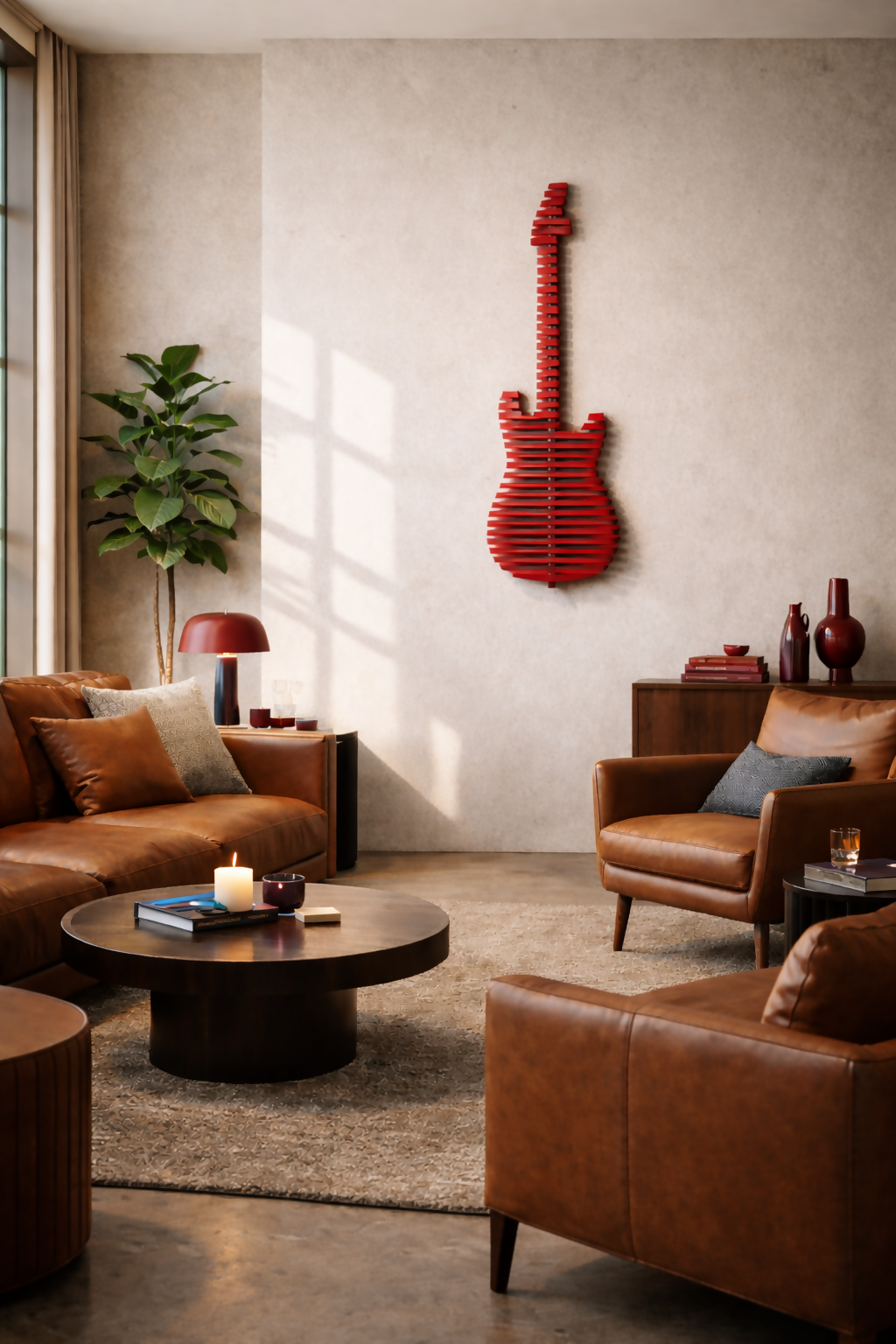 Parametric 3D Guitar Red Wall Decor Modern Sculptural Wall Art Contemporary Architectural Wall Decor for Living Room, Office & Commercial Interiors