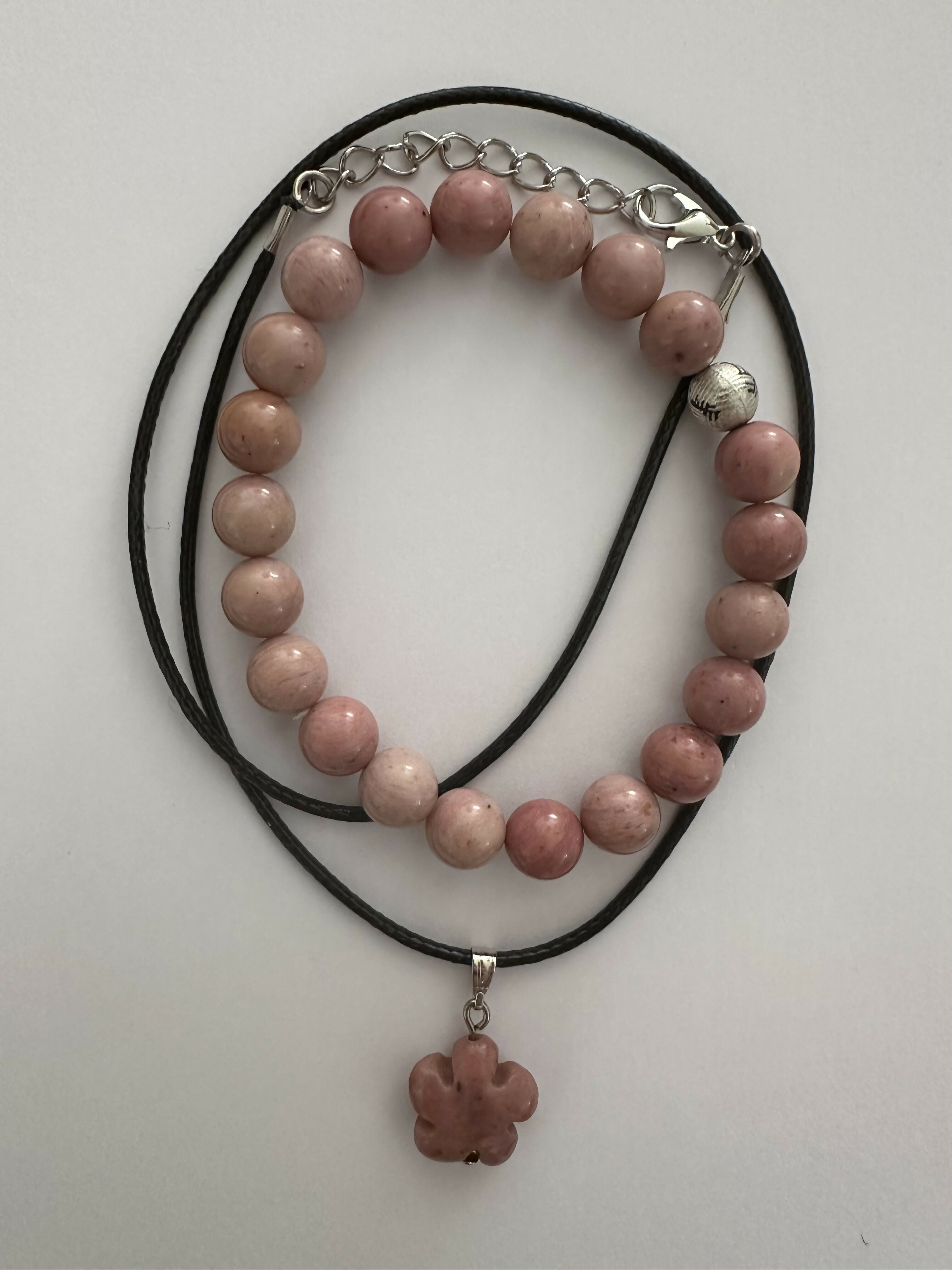 Rhodonite Natural Stone Bracelet with Matching Necklace
