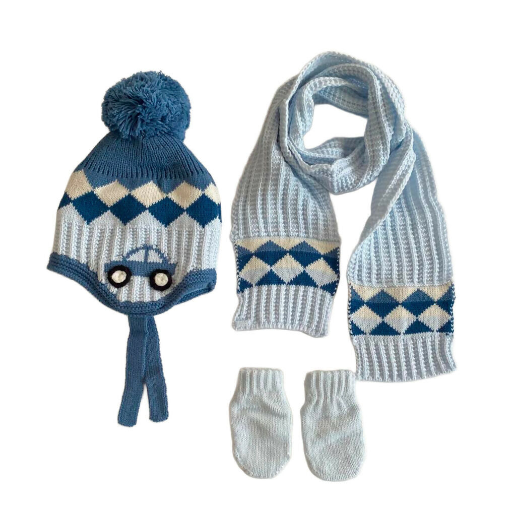 Infant KnittedWinter Beanie 3 Piece Set-Beanie-Gloves-Scarf With Earflaps For Baby Boys(0-18 Months)
