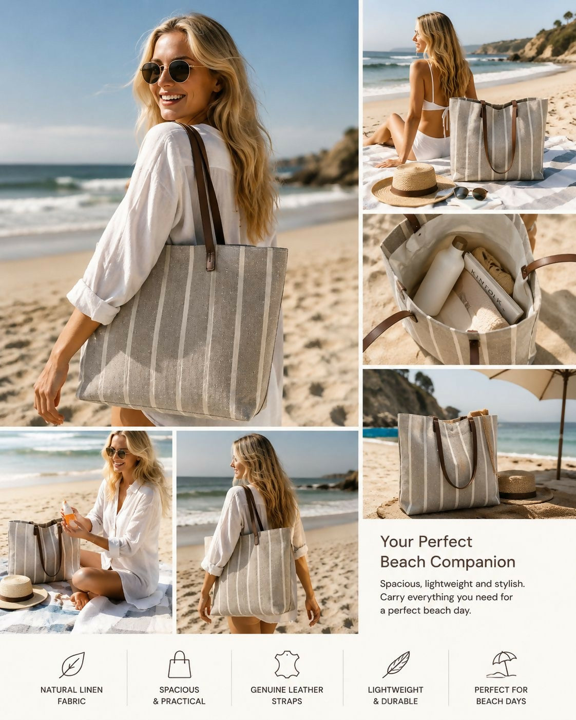 Large Striped Tote Bag for Beach, Travel & Everyday Use