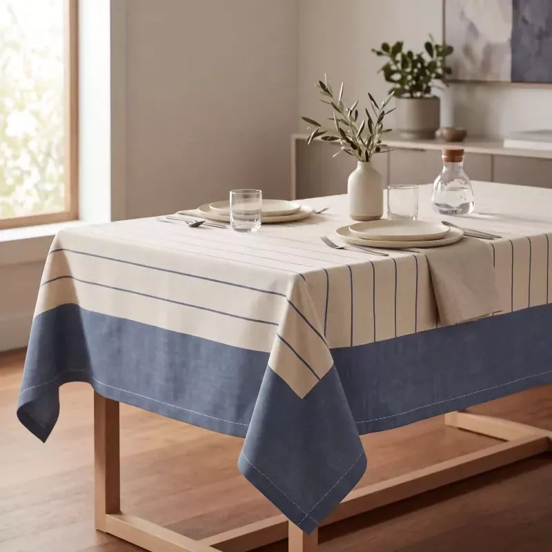 French Blue & Ivory Striped Water-Repellent Turkish Cotton Tablecloth – Coastal & Timeless Style