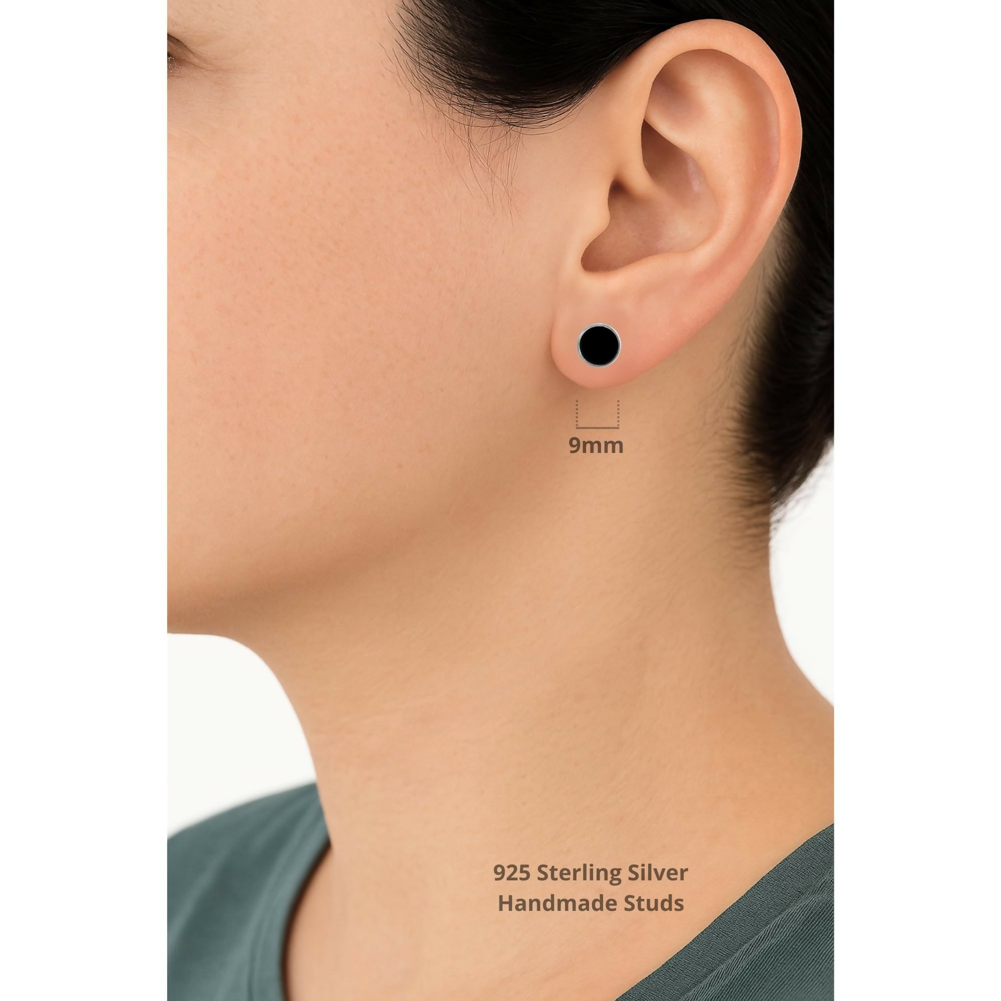 .925 Sterling Silver Black Flat Onyx 9mm Round Handmade Stud Earrings for Women and Men - Wear Sierra