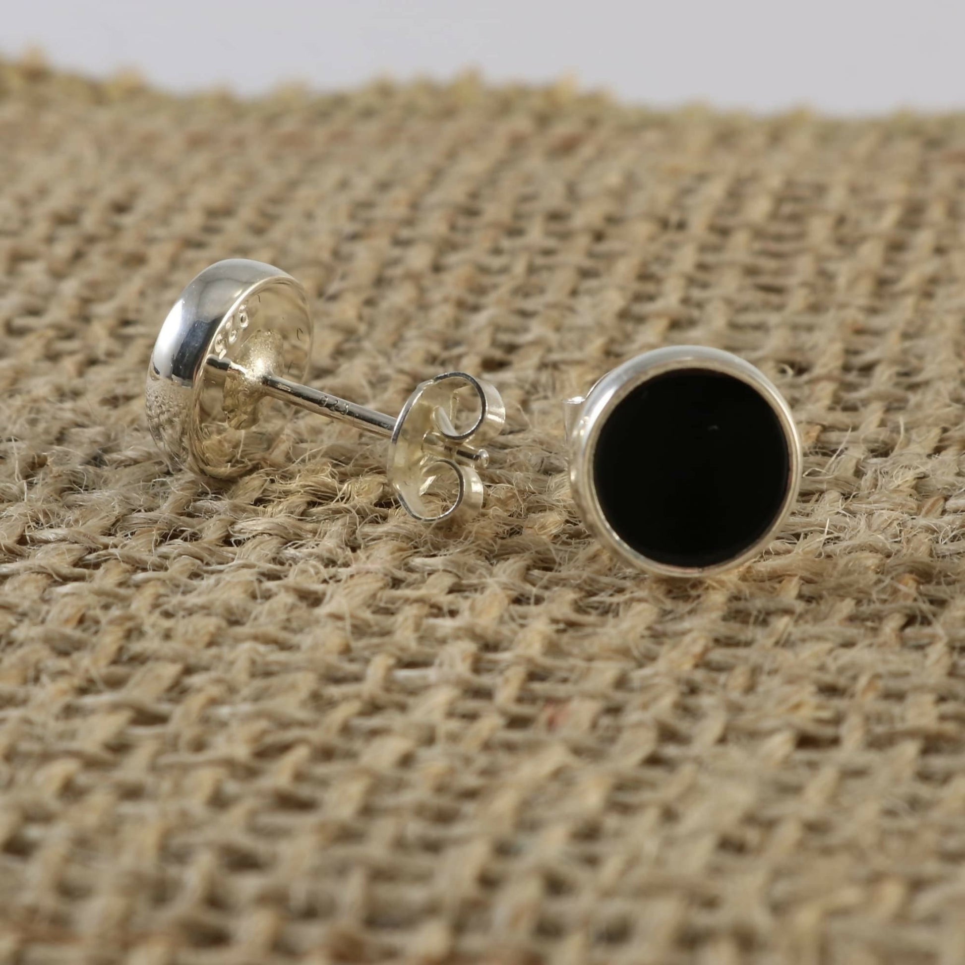 .925 Sterling Silver Black Flat Onyx 9mm Round Handmade Stud Earrings for Women and Men - Wear Sierra