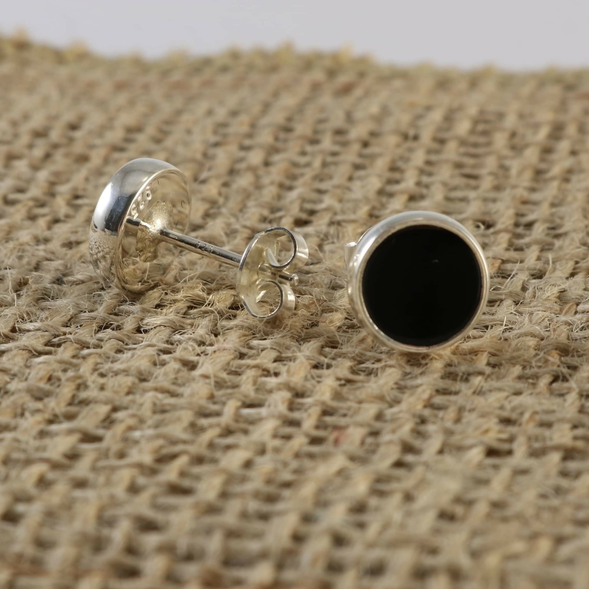 .925 Sterling Silver Black Flat Onyx 9mm Round Handmade Stud Earrings for Women and Men - Wear Sierra
