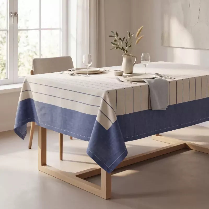 Navy Blue & Ivory Striped Water-Repellent Turkish Cotton Tablecloth – Coastal & Timeless Style