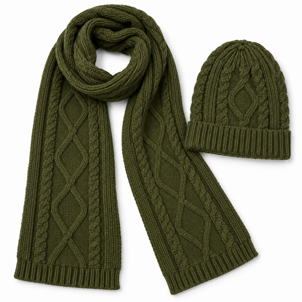 Unisex Cable Knit Beanie and Scarf Set for Men and Women, 2-Piece, Black