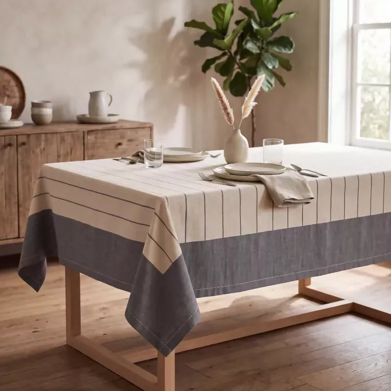 Charcoal & Ivory Striped Water-Repellent Turkish Cotton Tablecloth – Coastal & Timeless Style