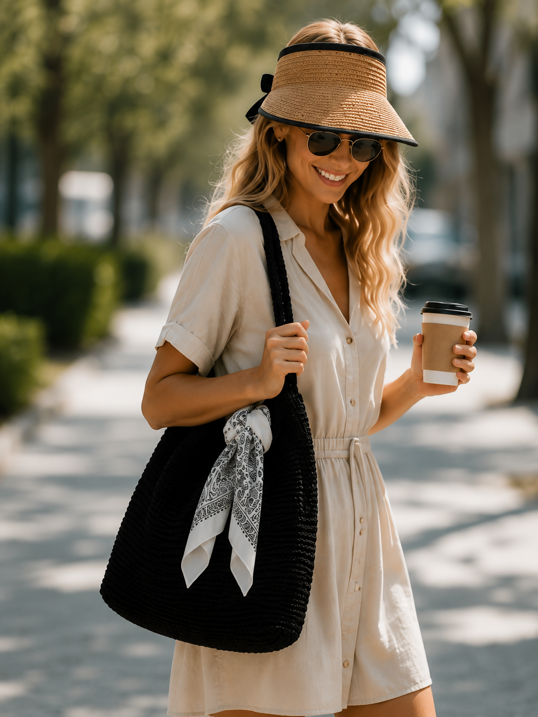 Women's 3-Piece Beach Set – Straw Tote Bag, Sun Visor Hat & Fashion Scarf