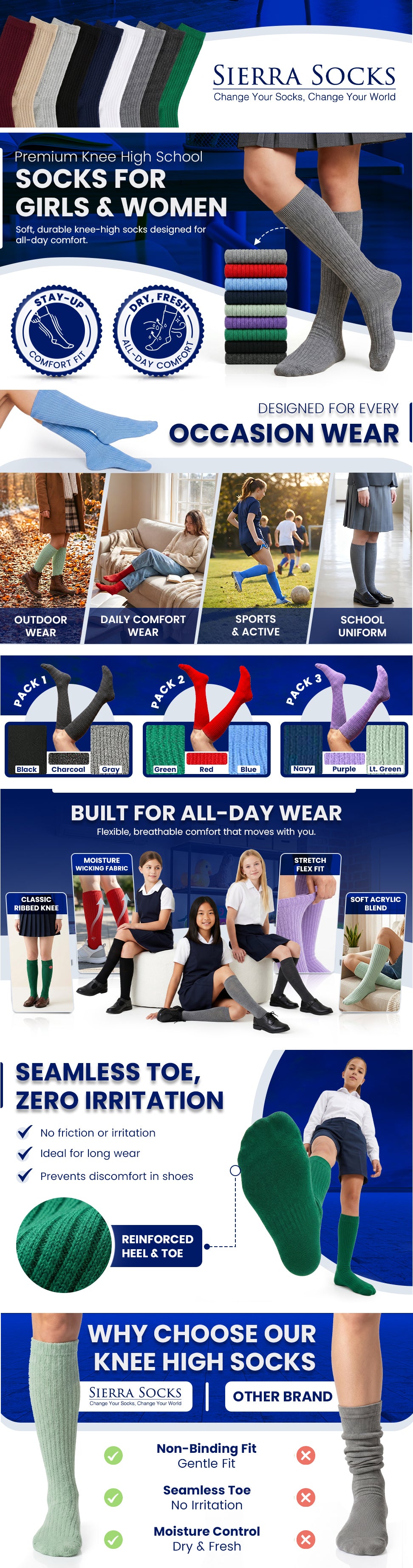 Women's Solid Color Ribbed Crew Turn Cuff Soft Socks in 3-Pair Pack
