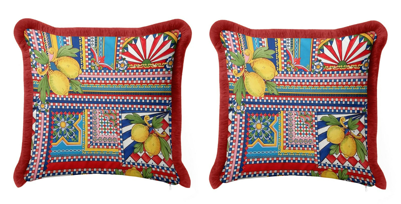 Throw Pillow Cover Set of 2 with Fringe and Tassels - Italian-Inspired Colorful Home Decor