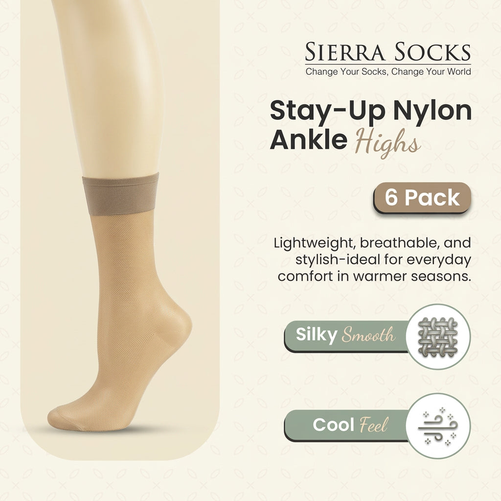 Women's Stay-Up Nylon Ankle Highs Regular and Queen Sizes in 6-Pair Packs