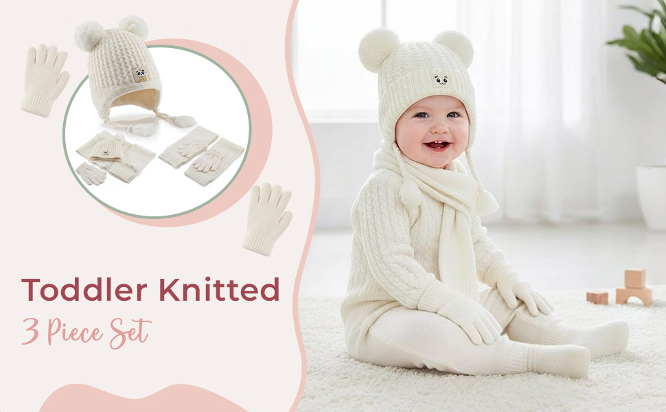 Toddler Knitted Winter Beanie 3 Piece Set With Earflaps For Girls