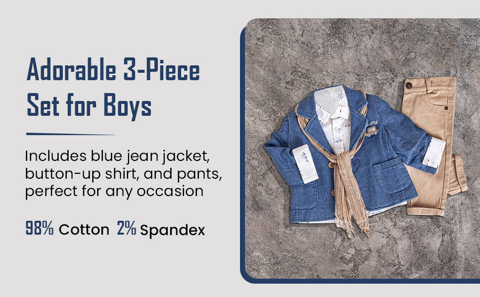 Infant and Toddler Boys' Adorable Blue Jean Jacket, Button-Up Shirt and Pants 3-Piece Set