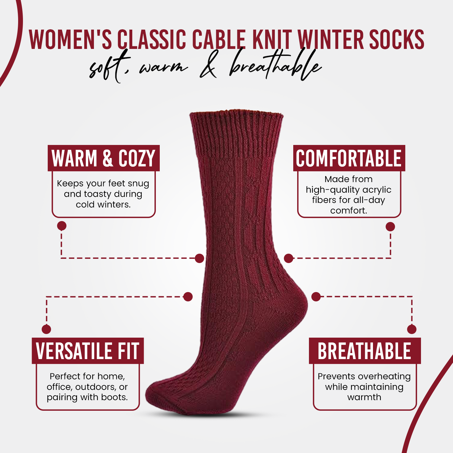 Women's Classic Cable Knit Acrylic Crew Socks 2 Pair Pack