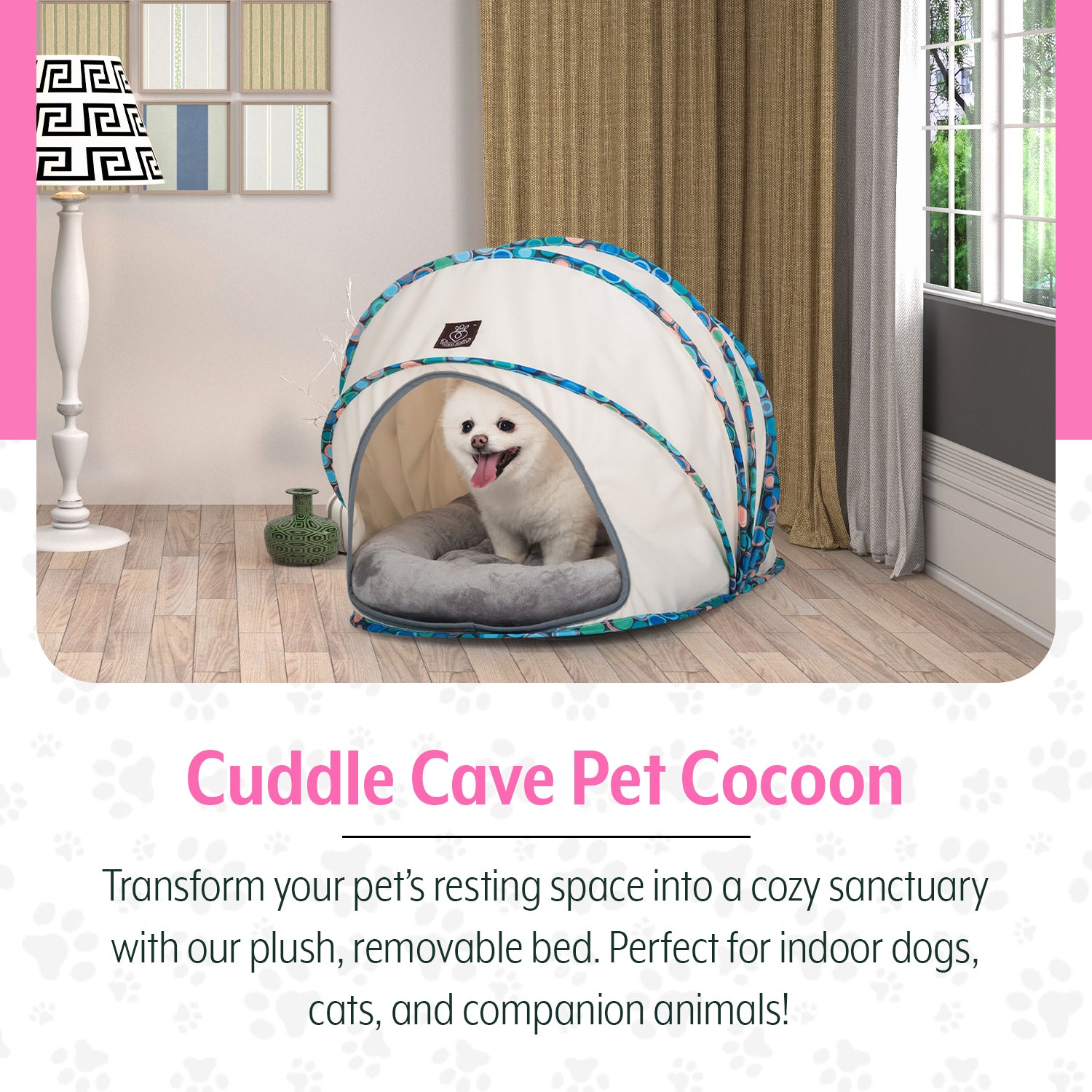 Foldable / Pop Up Cocoon Cave for Dogs, Cats and Companion Animals with Removable Cushion and Convenient Travel Carry Bag, Dog and Cat House with Bed