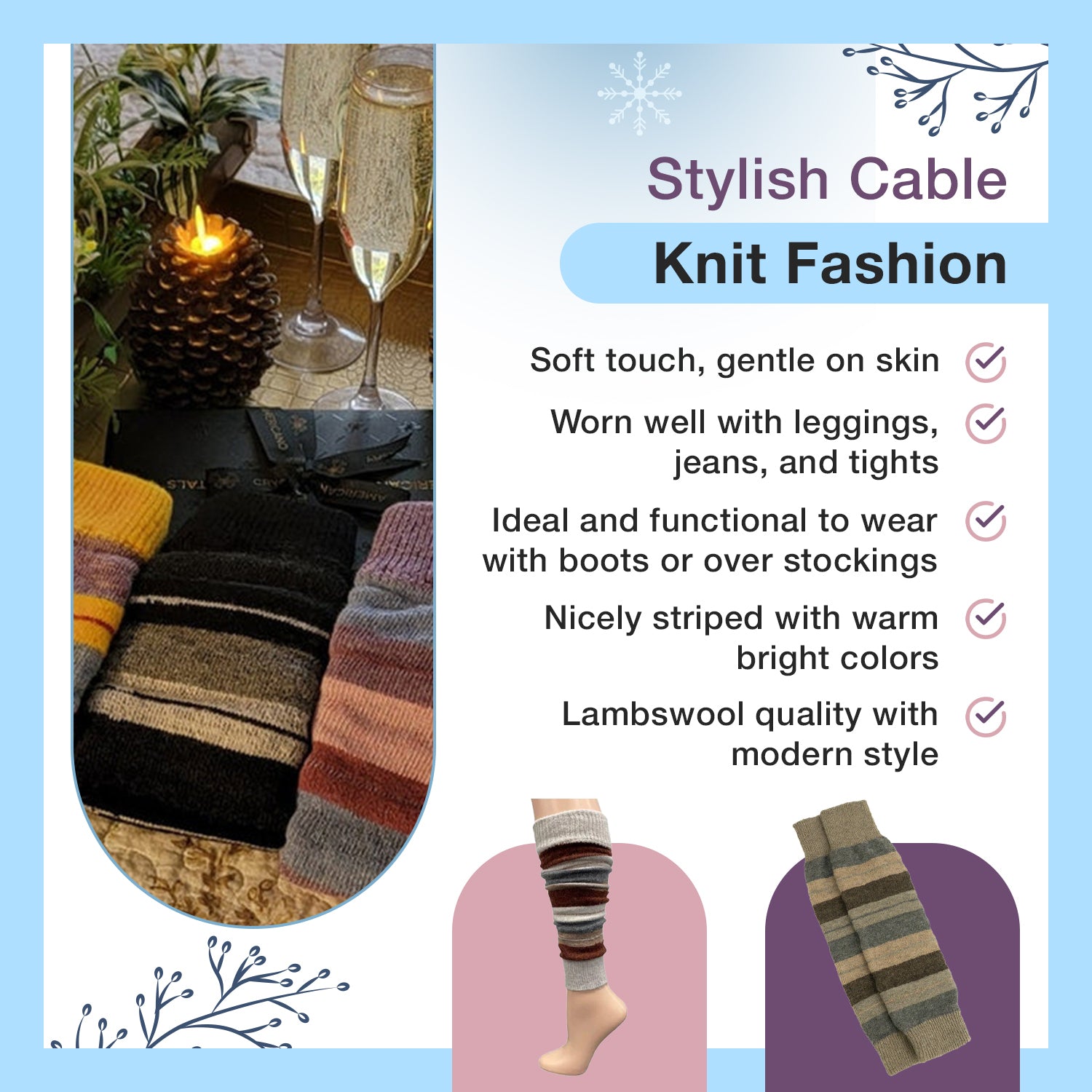 Ladies Striped Lambs Wool Leg Warmers