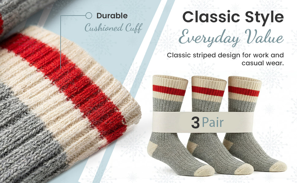 Wool Striped Men's 3 Pair Pack Work and Boot Socks