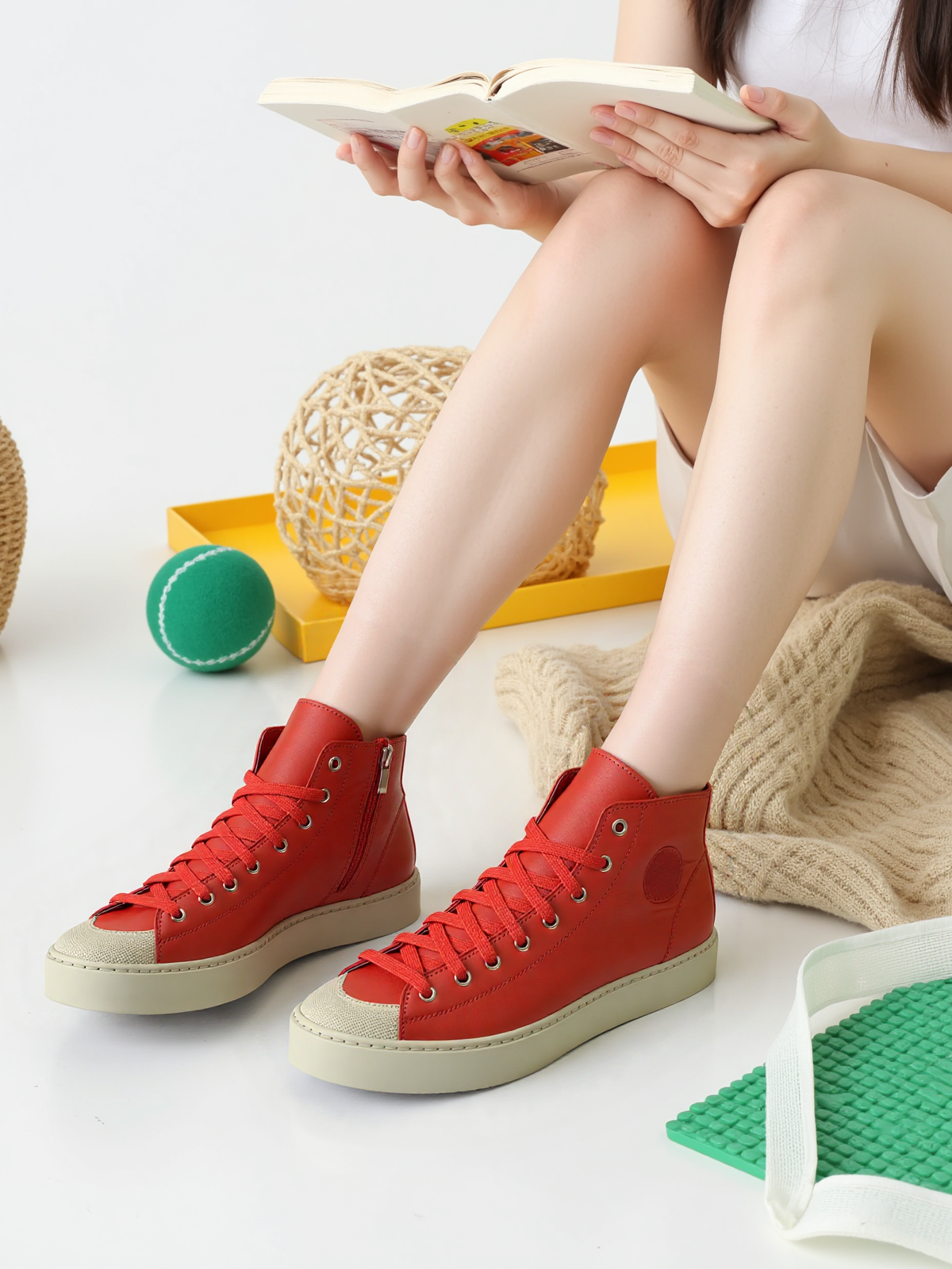 Buy red Women&#39;s Leather High Top Sneakers with Convenient Side Zipper