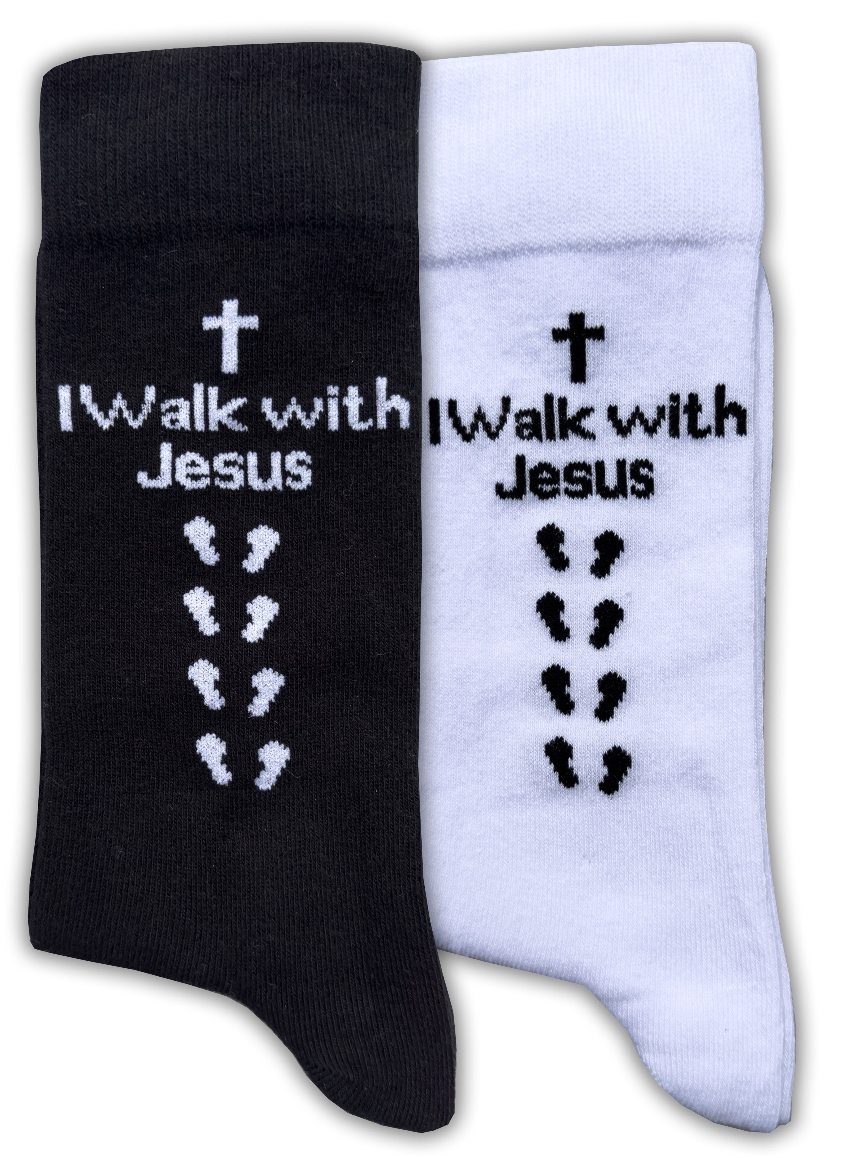 Inspirational Crew Socks for Men & Women in Combed Cotton  "I Walk with Jesus" Motto