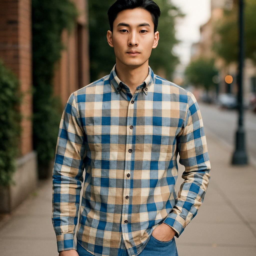 Wear Sierra Top Shelf Men's Cotton Long Sleeve Button Down Shirts in Blue Plaid, Soft Combed Cotton Shirt for Dads & Grads