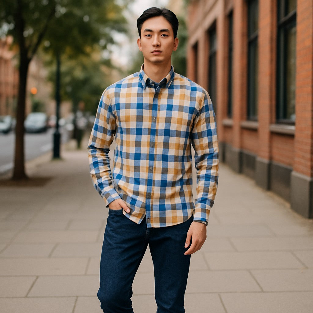 Wear Sierra Top Shelf Men's Cotton Long Sleeve Button Down Shirts in Blue Plaid, Soft Combed Cotton Shirt for Dads & Grads