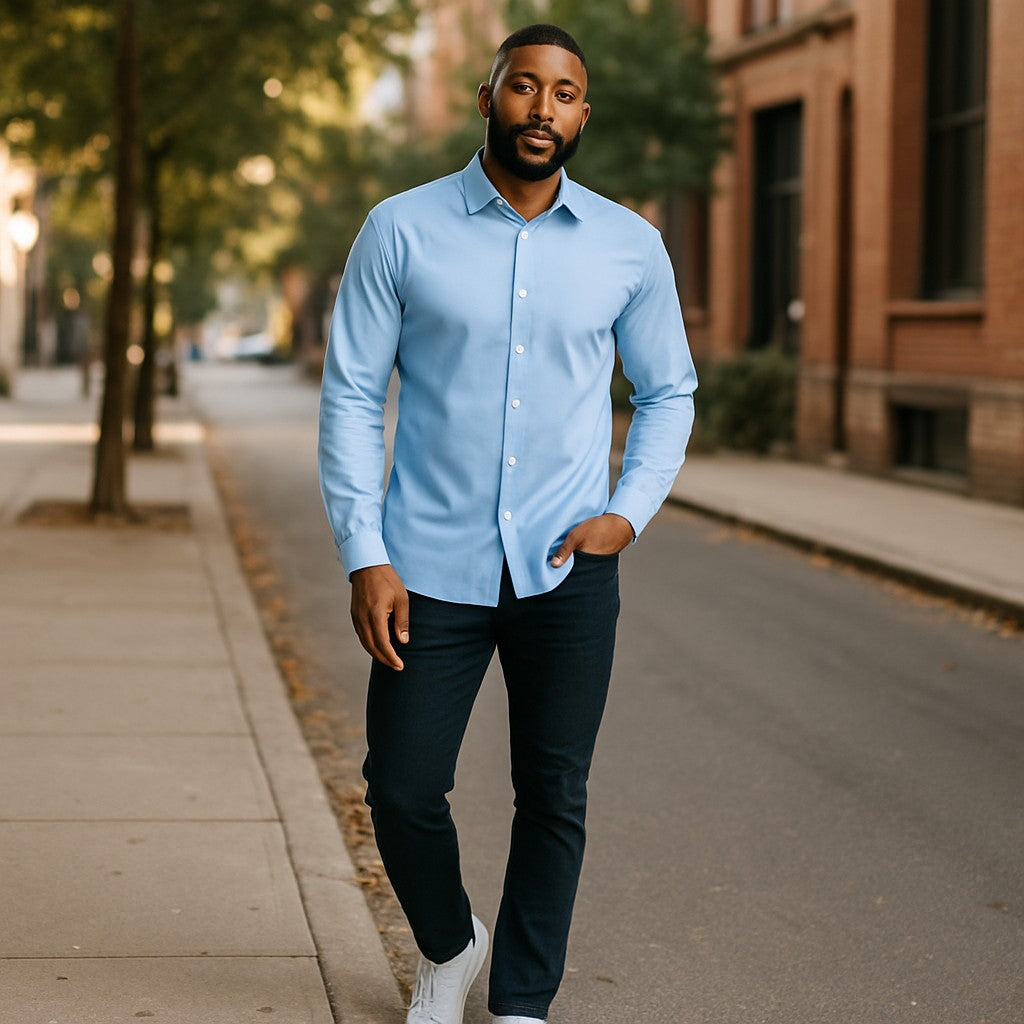Wear Sierra Top Shelf Men's Turkish Cotton Long Sleeve Button Up Shirt in Classic Blue, Casual Friday Shirt for Men
