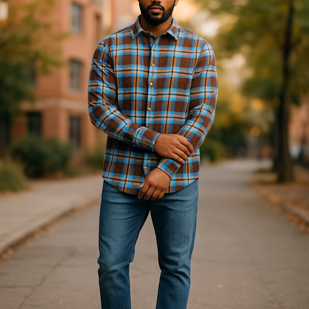 Wear Sierra Top Shelf Men's Soft, Brushed, Turkish Cotton Long Sleeve Button Down Shirts in Blue & Brown Plaid Casual Friday Shirts for Men