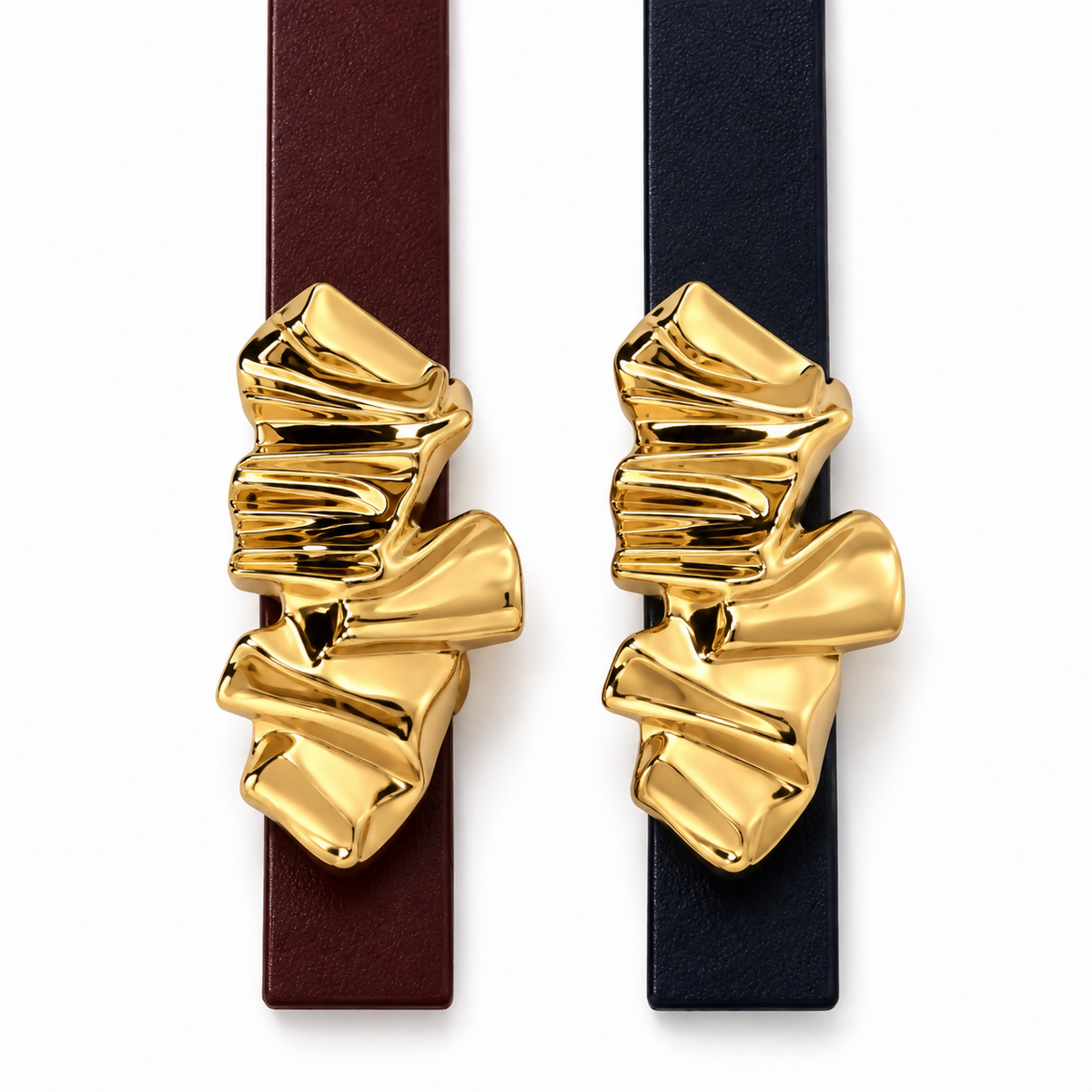 Women’s Skinny Belt Set with Sculptural Gold-Tone Buckles, 2-Pack – Burgundy & Navy
