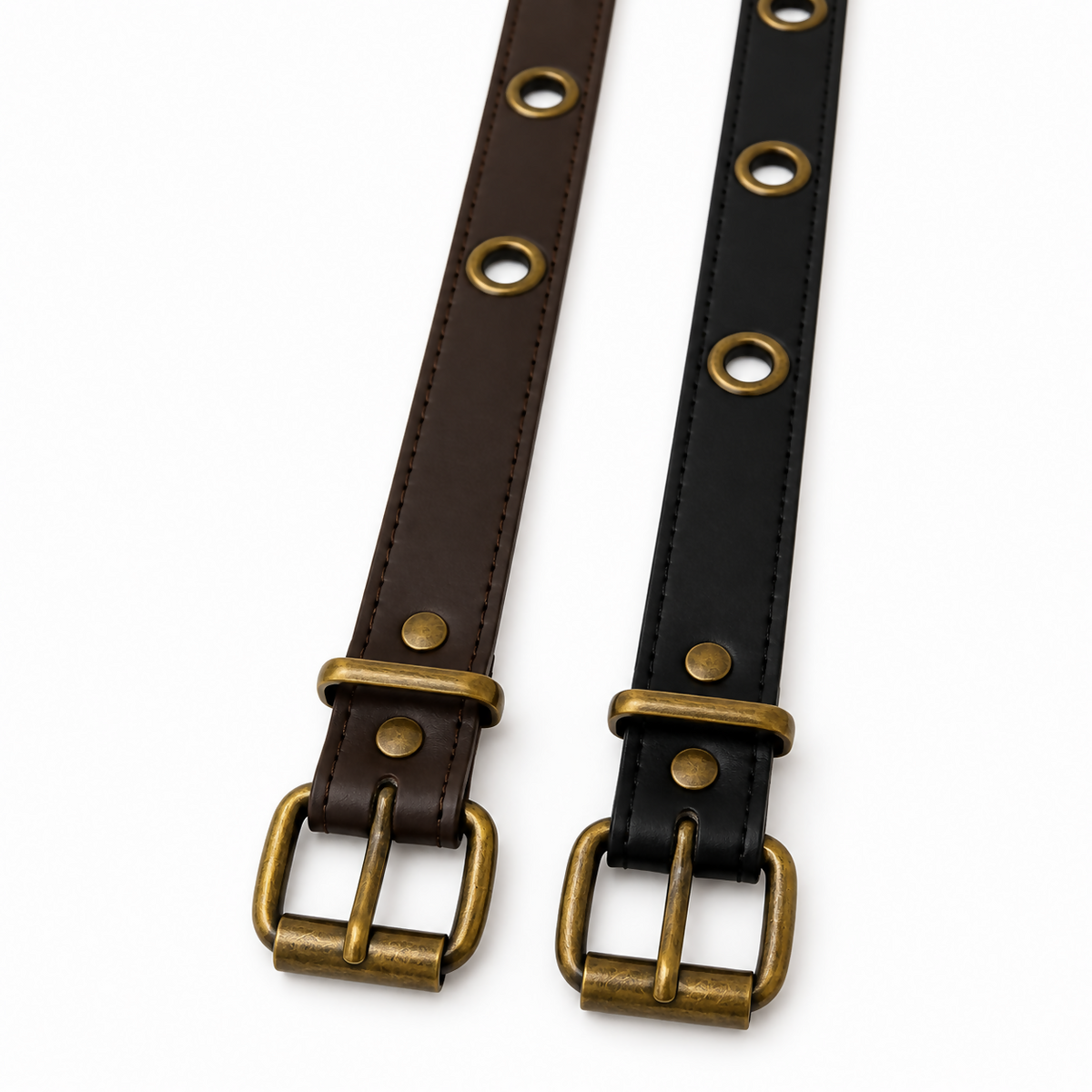 Women’s Grommet Belt Set with Antique Brass Buckles, Black & Brown (2-Pack)