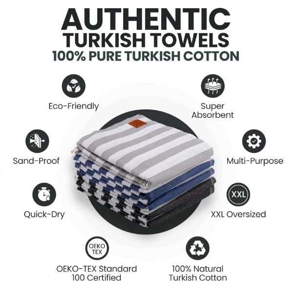 Oversized Turkish Beach Towel Set (5 Pack) – 100% Cotton Beach, Pool, Lake & Spa Towels