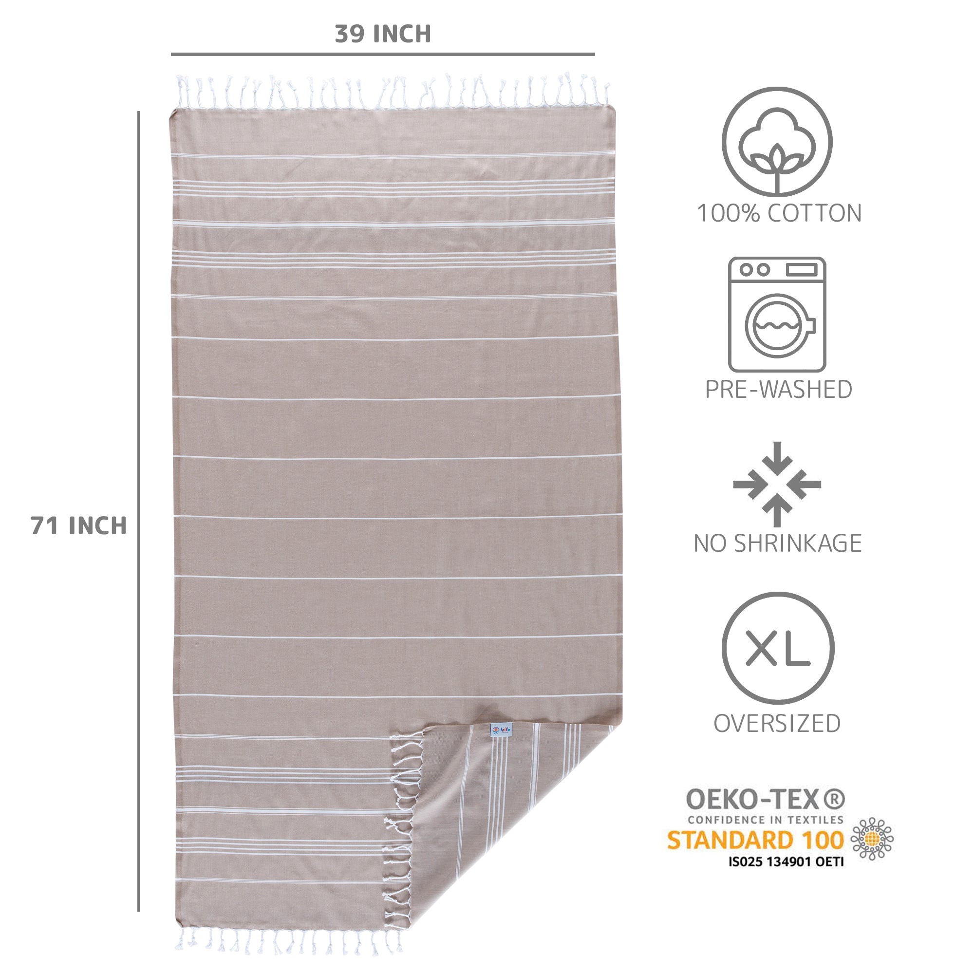 Turkish Cotton Beach Towel, Prewashed, Soft, Absorbent, Quick Dry, Oversized Bath Towels for Bathroom, Pool, Travel, Picnics, Size 39x71