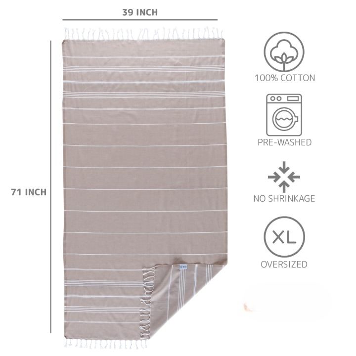 Turkish Cotton Beach Towel, Prewashed, Soft, Absorbent, Quick Dry, Oversized Bath Towels for Bathroom, Pool, Travel, Picnics, Size 39x71