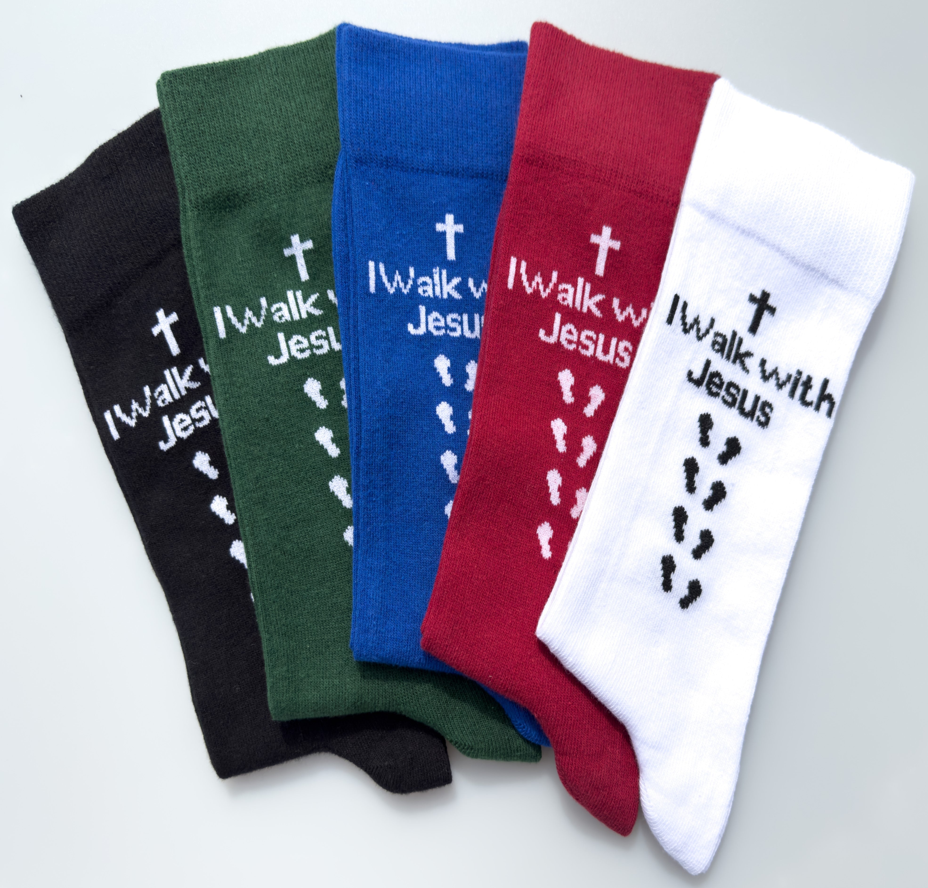 Inspirational Crew Socks for Men & Women in Combed Cotton  "I Walk with Jesus" Motto