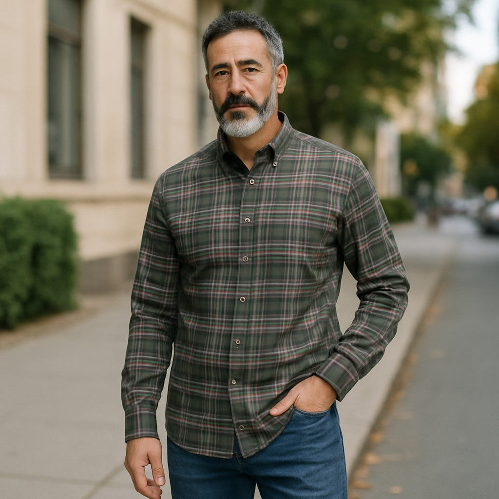 Wear Sierra Top Shelf Men's Cotton Long Sleeve Button Down Shirts in Brown & Green Plaid