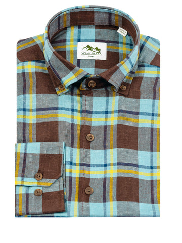 Wear Sierra Top Shelf Men's Soft, Brushed, Turkish Cotton Long Sleeve Button Down Shirts in Blue & Brown Plaid Casual Friday Shirts for Men