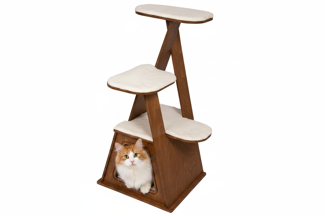 38" High Multi-Level Wooden Cat Tower with Cozy Condo - Indoor Cat Tree