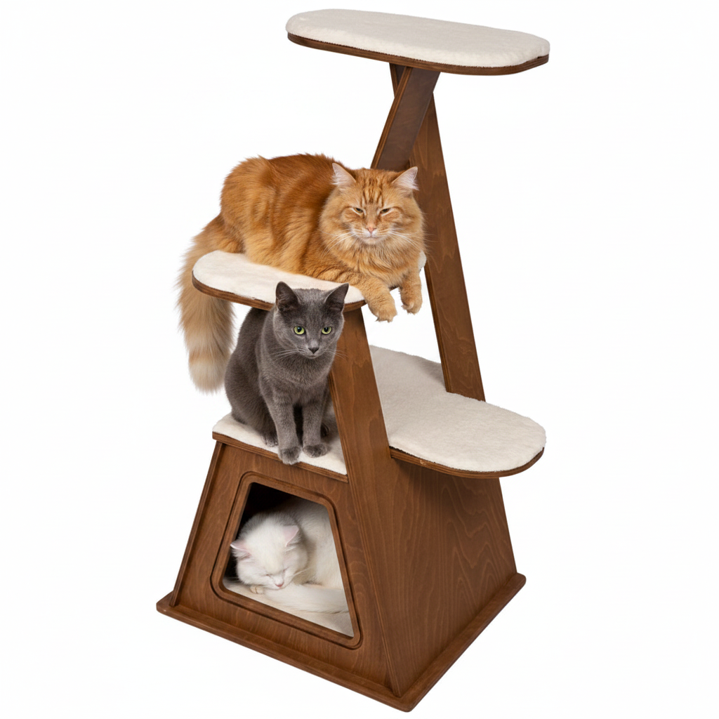 38" High Multi-Level Wooden Cat Tower with Cozy Condo - Indoor Cat Tree