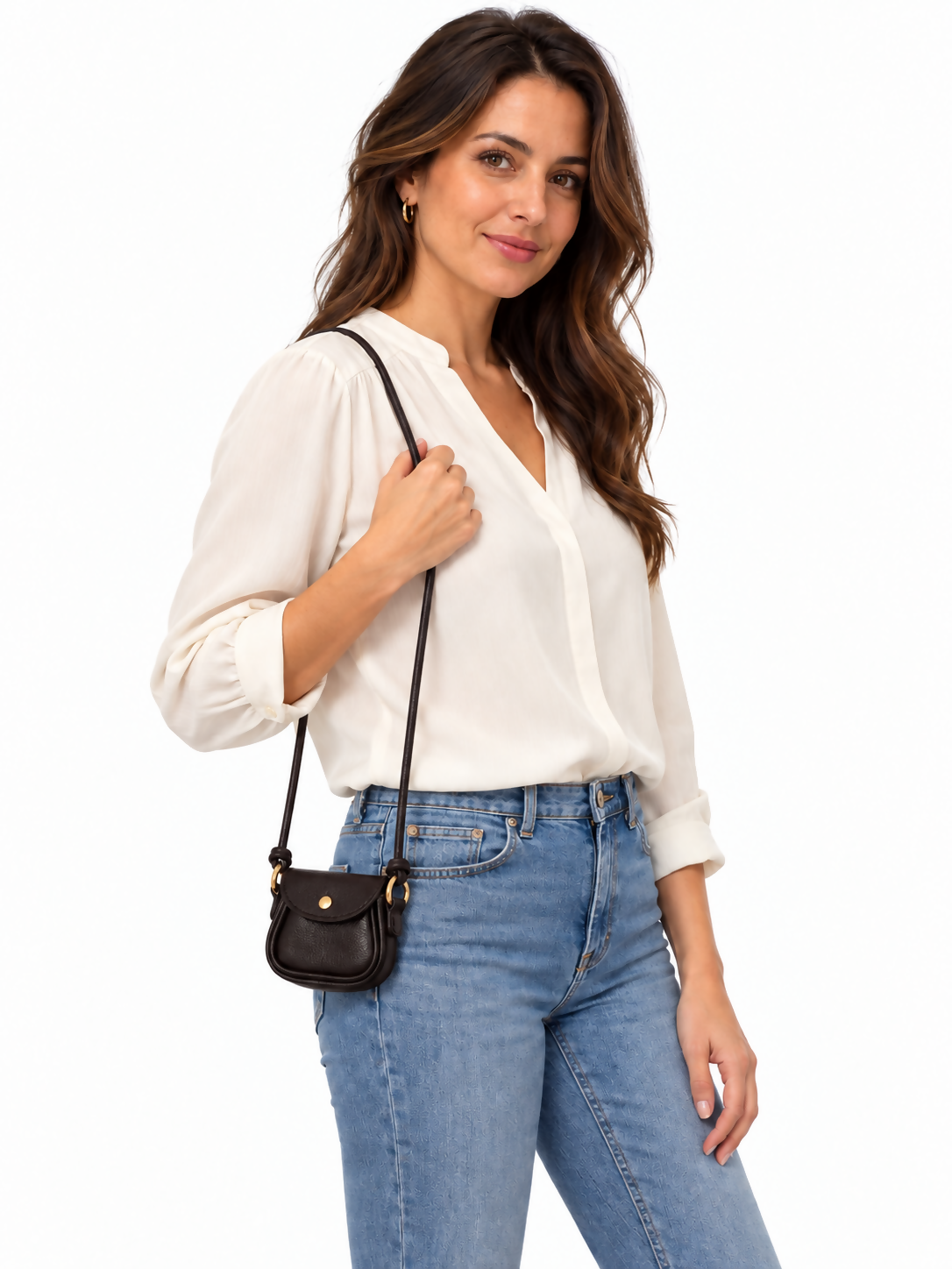 Women’s Mini Saddle Bag – Available in Ivory, Dark Chocolate, Metallic Silver, Black & Champagne Gold