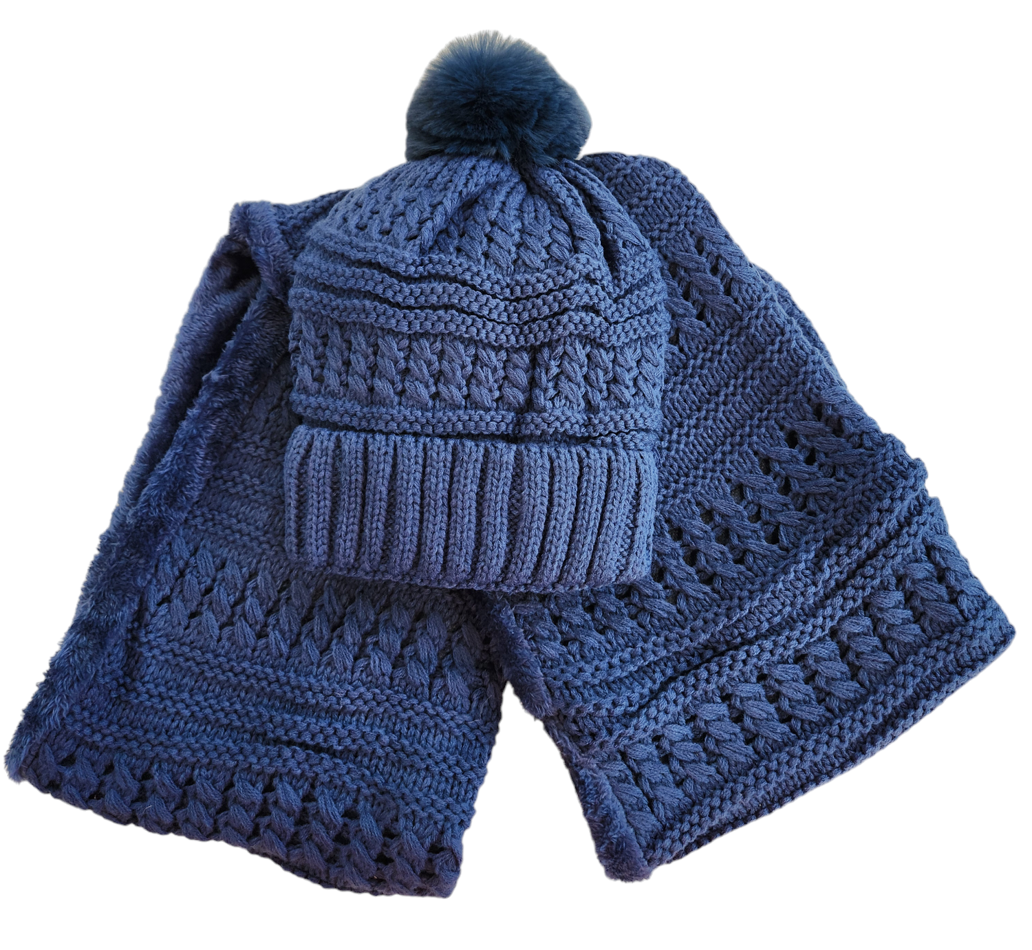 Buy blue Women&#39;s Fuzzy Fur Lined Beanie Pompom Hat and Infinity Scarf Set