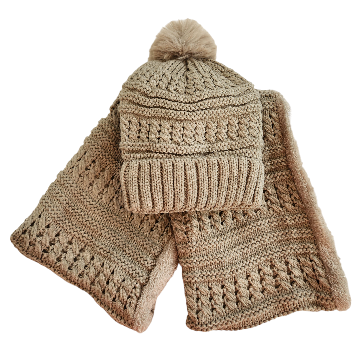 Women Fur Lined Beanie Pom Pom Hat and Scarf Set For Winter