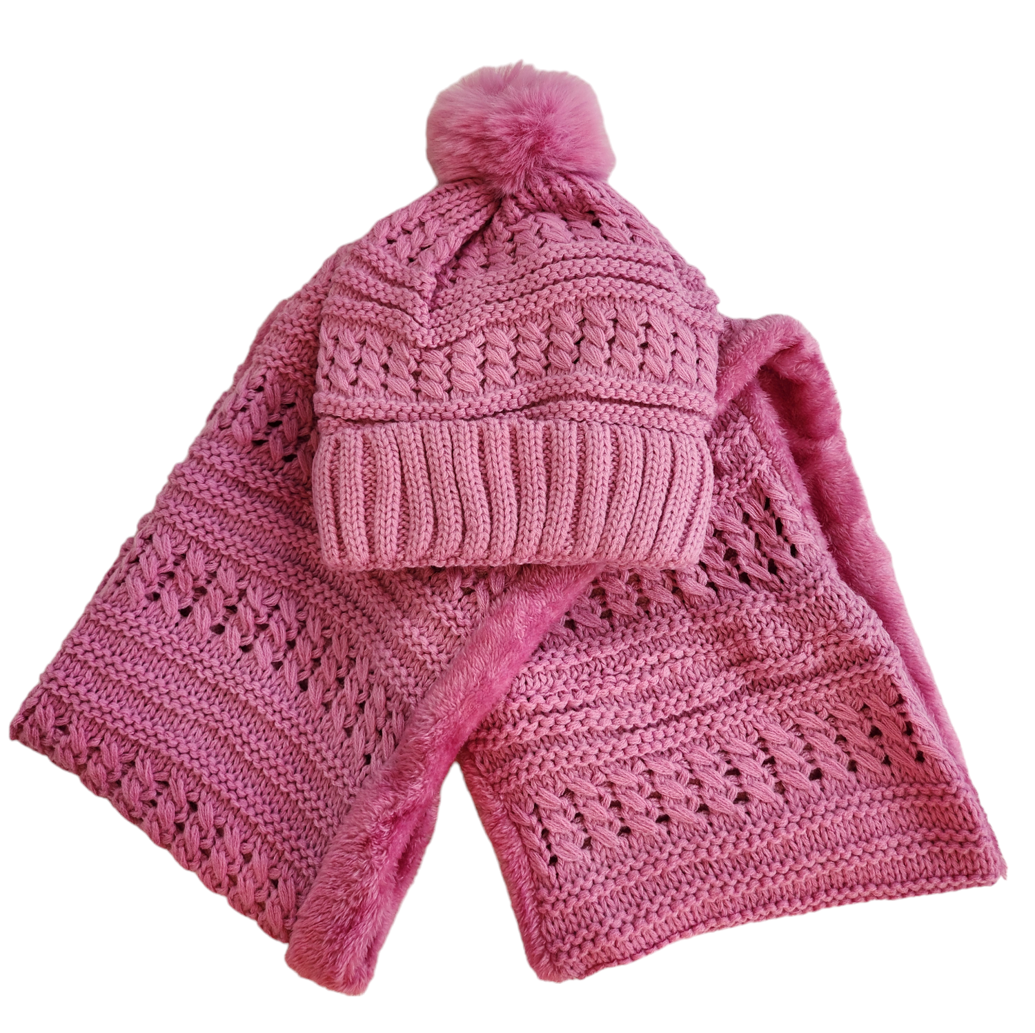Buy pink Women&#39;s Fuzzy Fur Lined Beanie Pompom Hat and Infinity Scarf Set