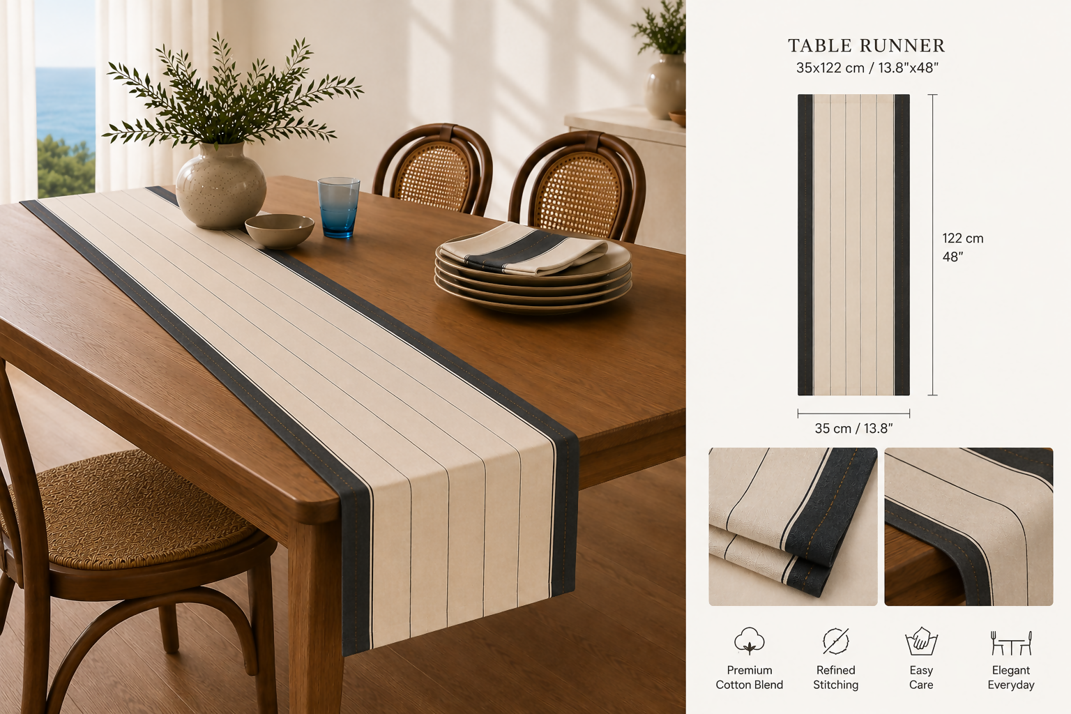 Charcoal & Ivory Striped Water-Repellent Turkish Cotton Table Runner – Coastal & Timeless Style