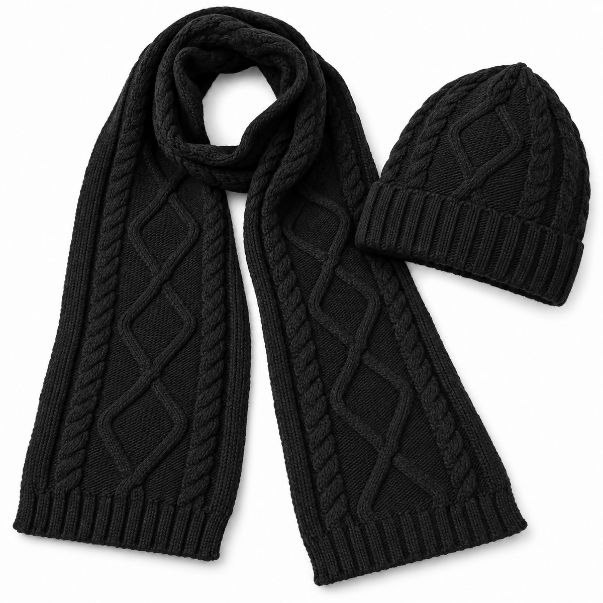 Unisex Cable Knit Beanie and Scarf Set for Men and Women, 2-Piece, Black