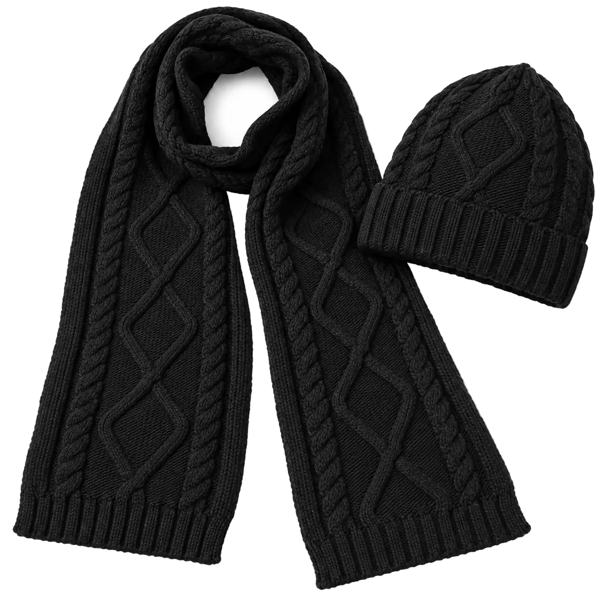 Unisex Cable Knit Beanie and Scarf Set for Men and Women, 2-Piece, Black
