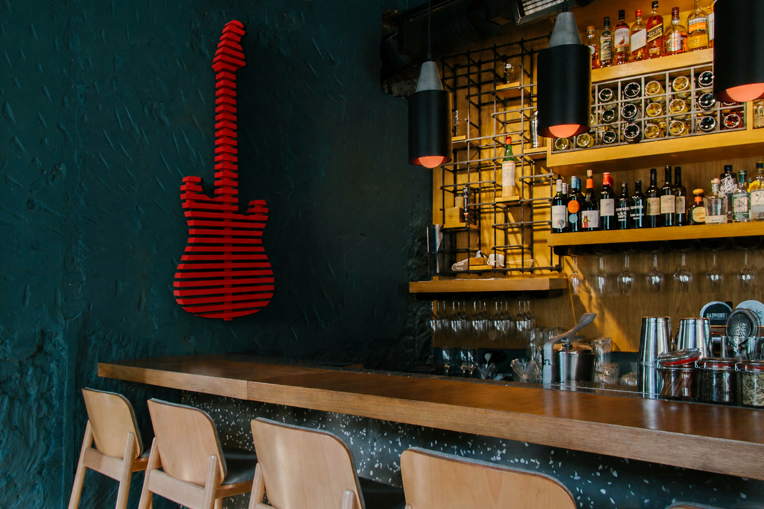 Parametric 3D Guitar Red Wall Decor Modern Sculptural Wall Art Contemporary Architectural Wall Decor for Living Room, Office & Commercial Interiors