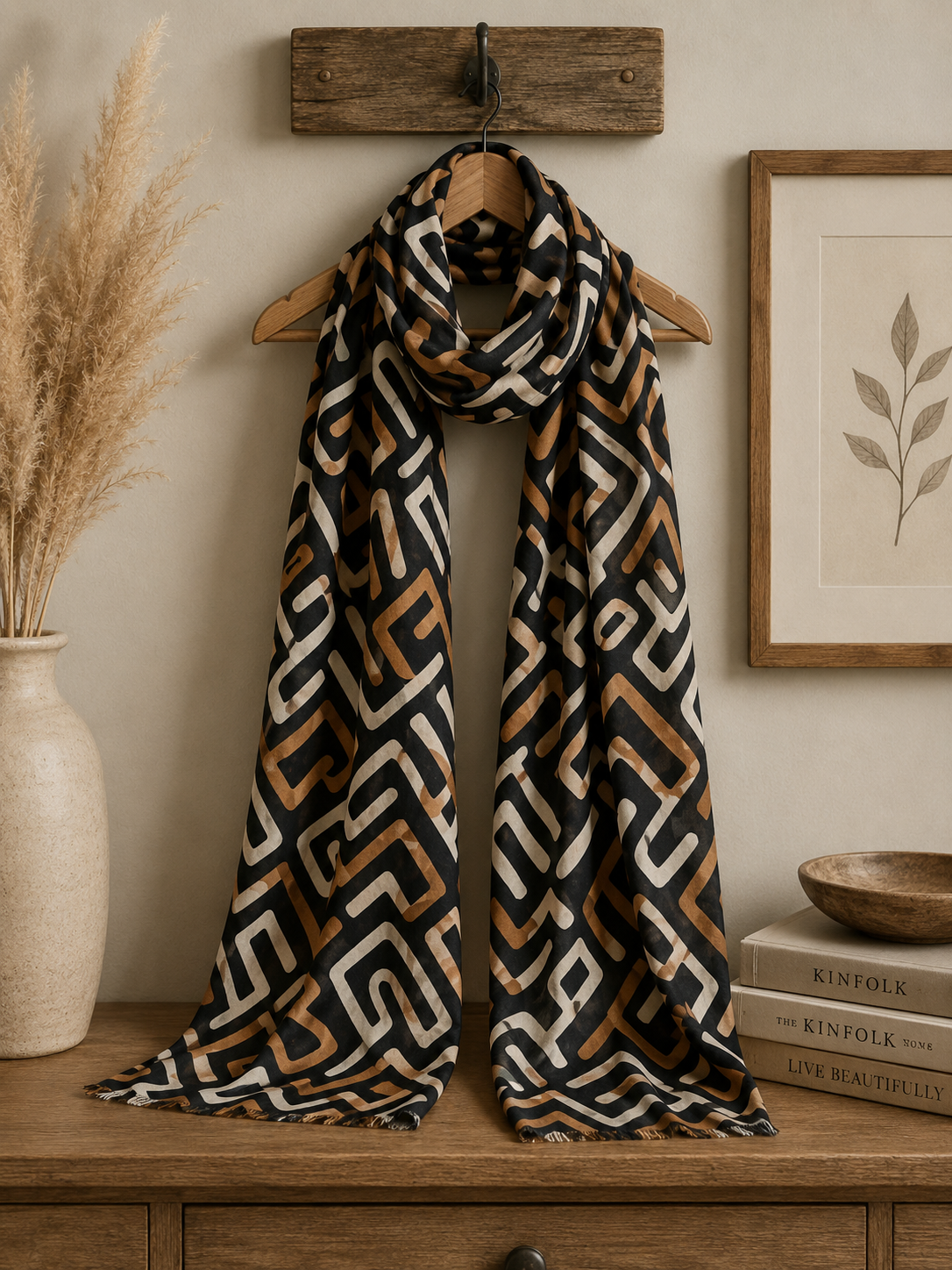 Women's Black Shawl with Linear Design - For Fall & Spring, Gift for Her