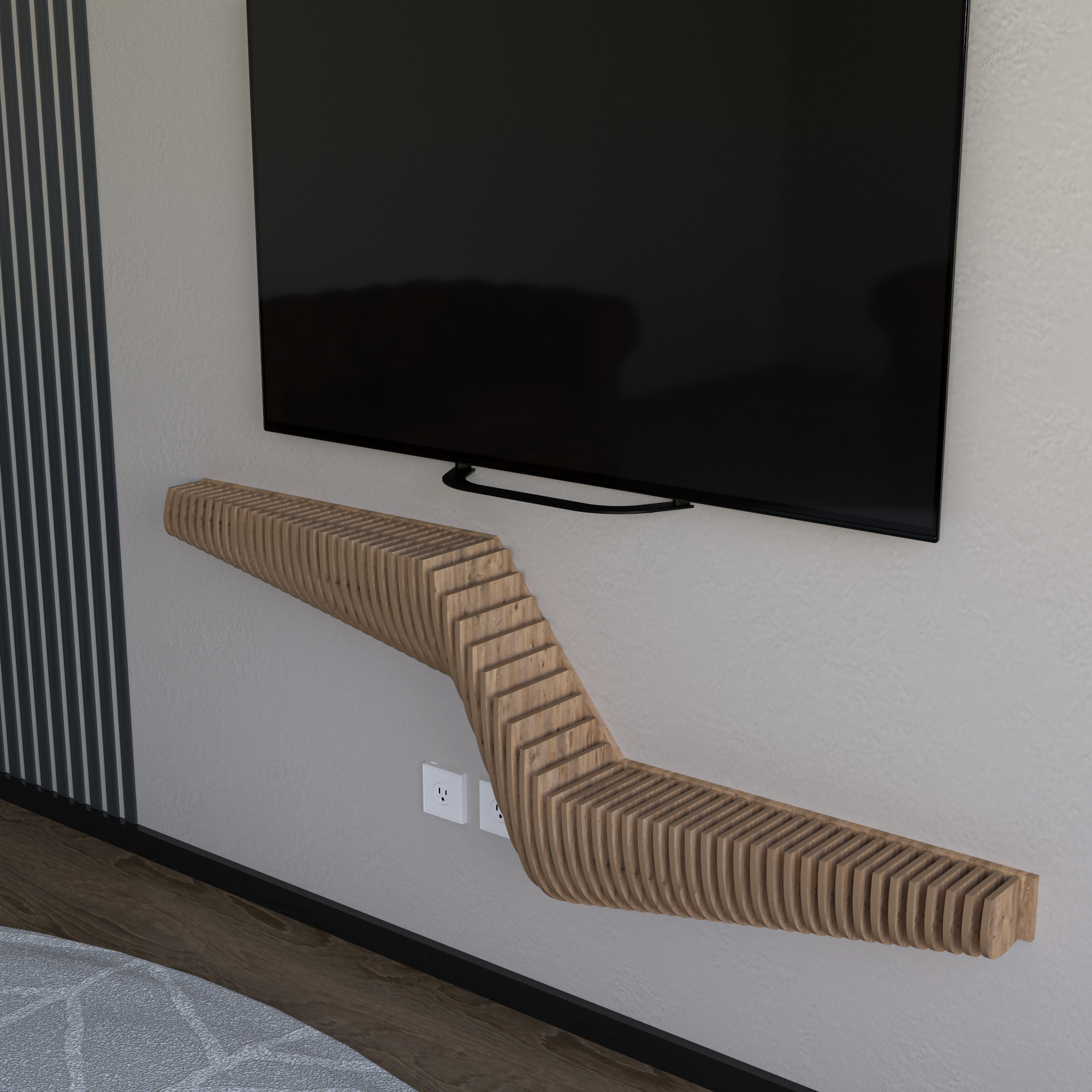 BATAMEX Parametric 57 inch Floating Shelf TV Unit Modern Geometric Wooden Wall Piece Decor Natural Oak Color 3D Wavy Living and Gaming Room Shelf