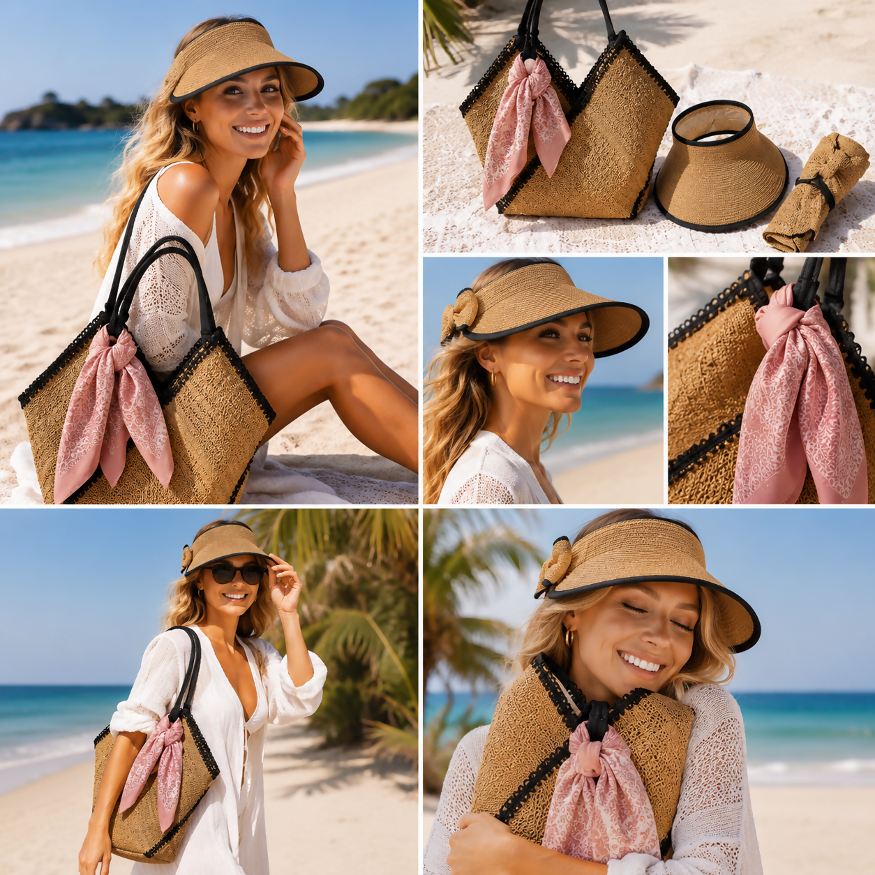 Women's 3-Piece Beach Set – Straw Tote Bag, Sun Visor Hat & Fashion Scarf