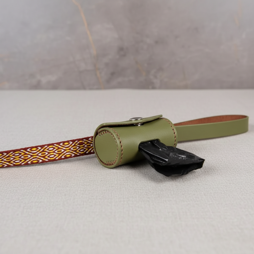 Handcrafted Leather Dog Leash & Poop Bag Holder – Handwoven Dog Walking Set